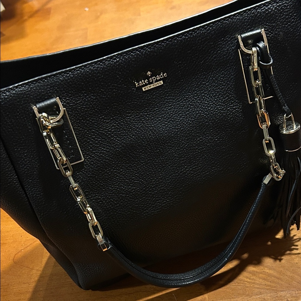 Kate Spade Black Pebbled Leather Tote with Gold Chain Accents